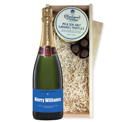 Personalised Champagne - Blue Label And Milk Sea Salt Charbonnel Chocolates Box